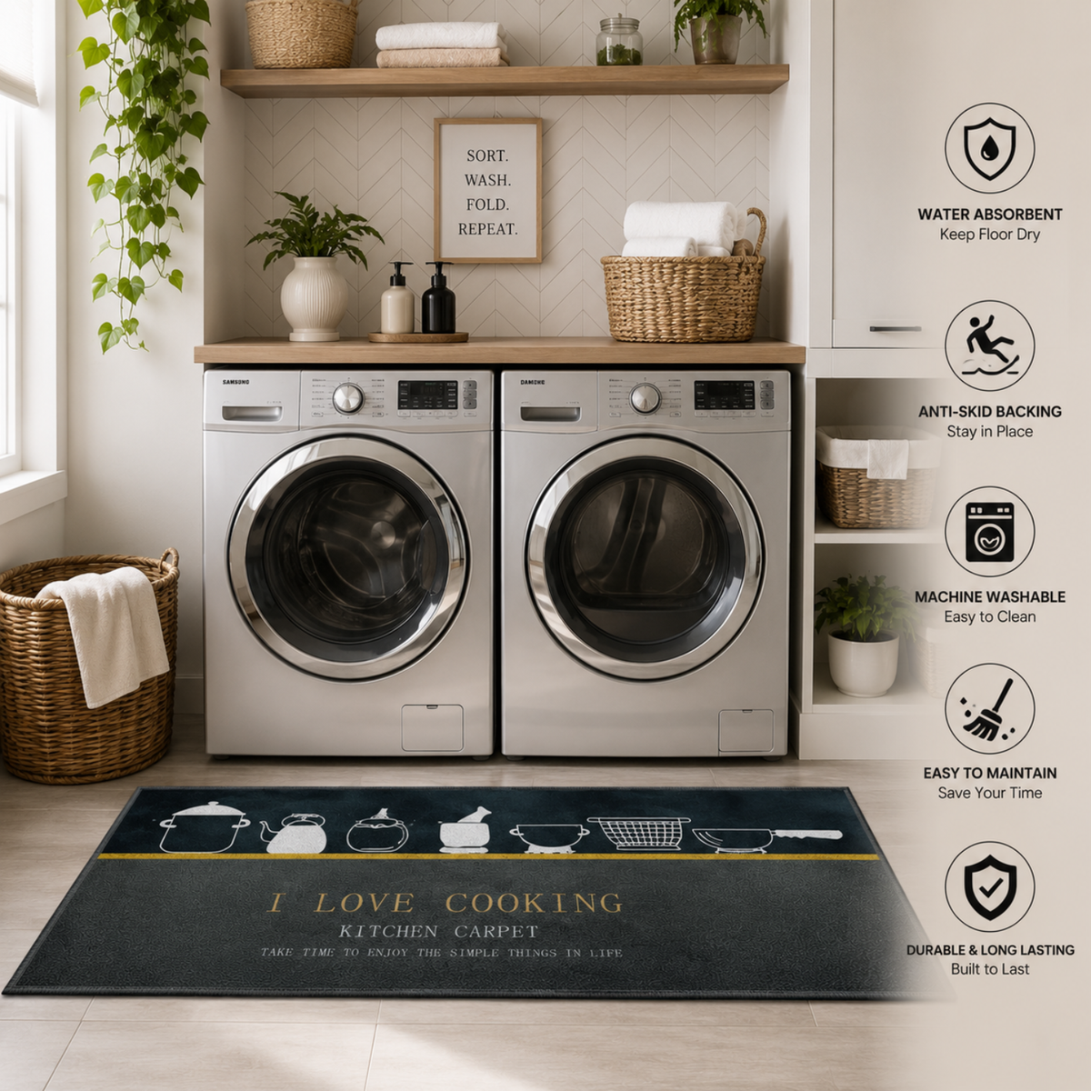 Cotton Anti-Slip Kitchen Mat Set with cushioned comfort, water-absorbent surface and anti-skid TPR backing. Ideal for kitchen, sink, laundry and home use