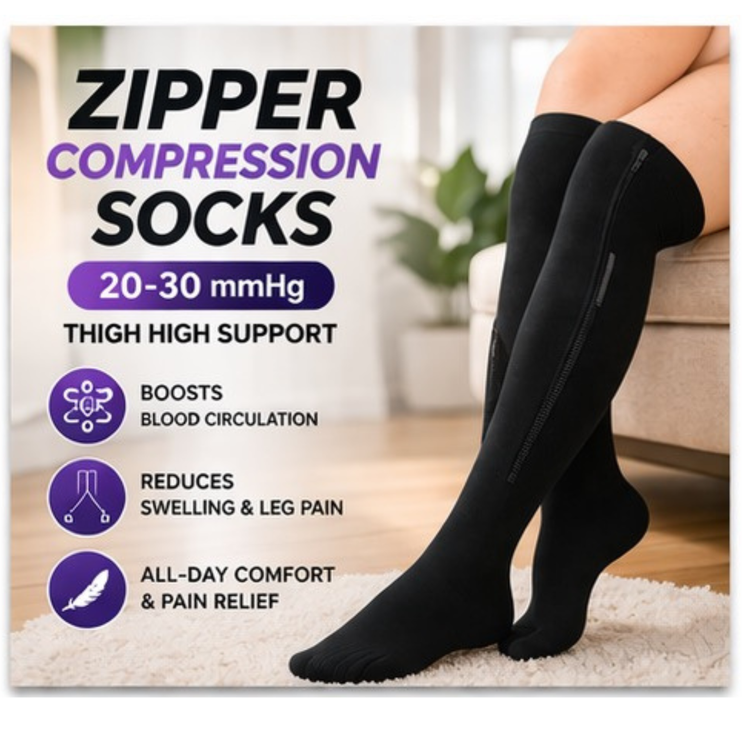 Tired Legs Solution Compression Socks – Side Zipper for Quick Wear & Instant Relief