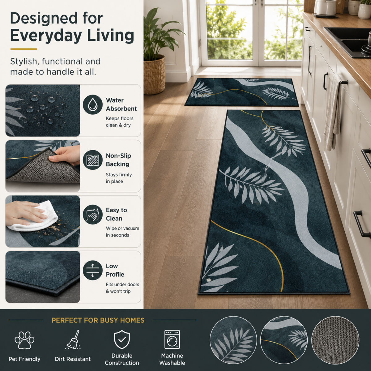 Cotton Anti-Slip Kitchen Mat | Soft Absorbent Anti-Fatigue Floor Mat with TPR Backing for Kitchen, Sink, Laundry & Home
