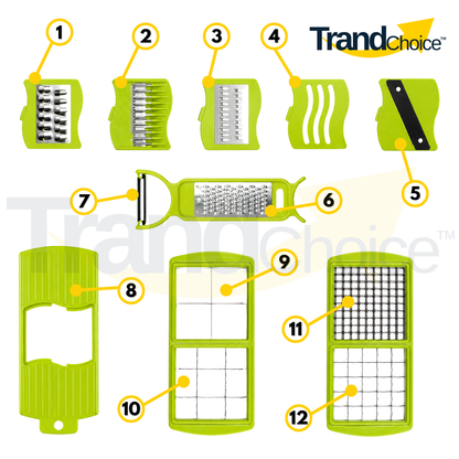 Trendchoice 2000ml 12-in-1 Multi-Functional Vegetable Chopper, Fruit Cutter, Slicer, Dicer & Grater with Storage Container