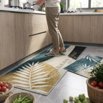 Cotton Anti-Slip Kitchen Mat Set | Botanical Leaf Design Kitchen Floor Mats | Soft Comfortable Non-Slip Mats for Sink, Cooking Area & Home