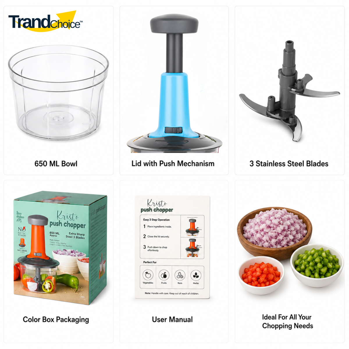 TrandChoice 650 ML Quick Push Vegetable Chopper (BLUE)
