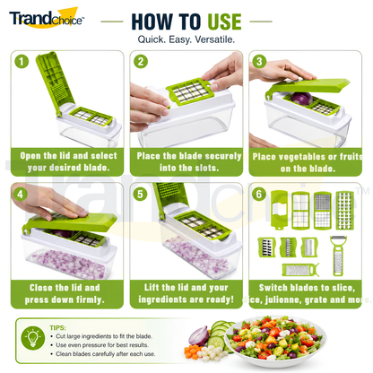 Trendchoice 2000ml 12-in-1 Multi-Functional Vegetable Chopper, Fruit Cutter, Slicer, Dicer & Grater with Storage Container