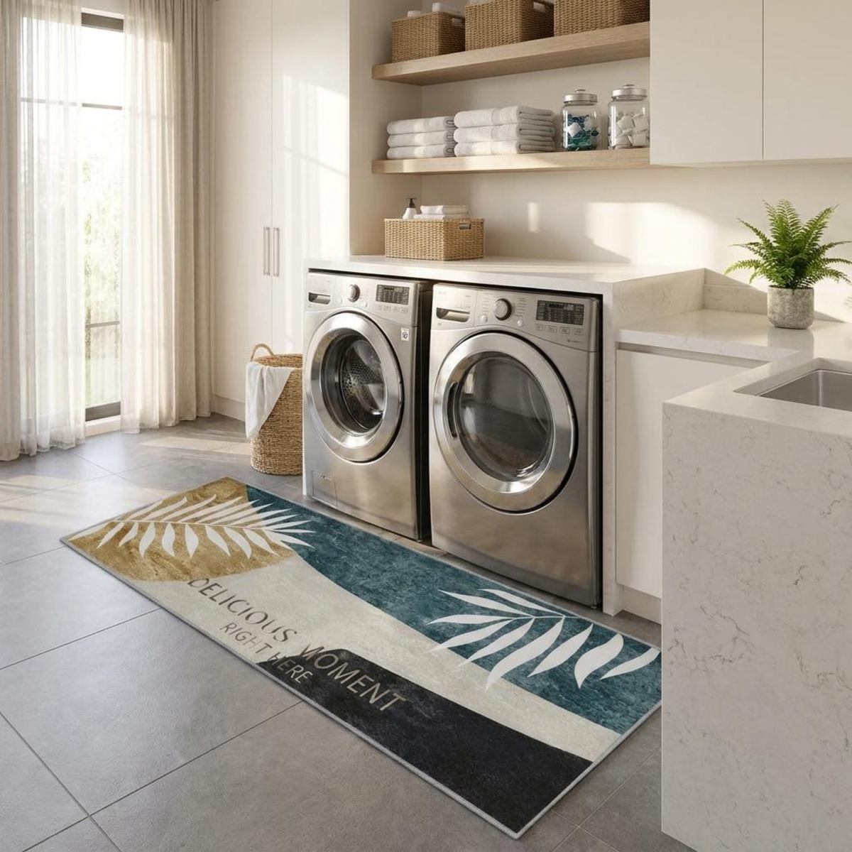 Cotton Anti-Slip Kitchen Mat Set | Botanical Leaf Design Kitchen Floor Mats | Soft Comfortable Non-Slip Mats for Sink, Cooking Area & Home
