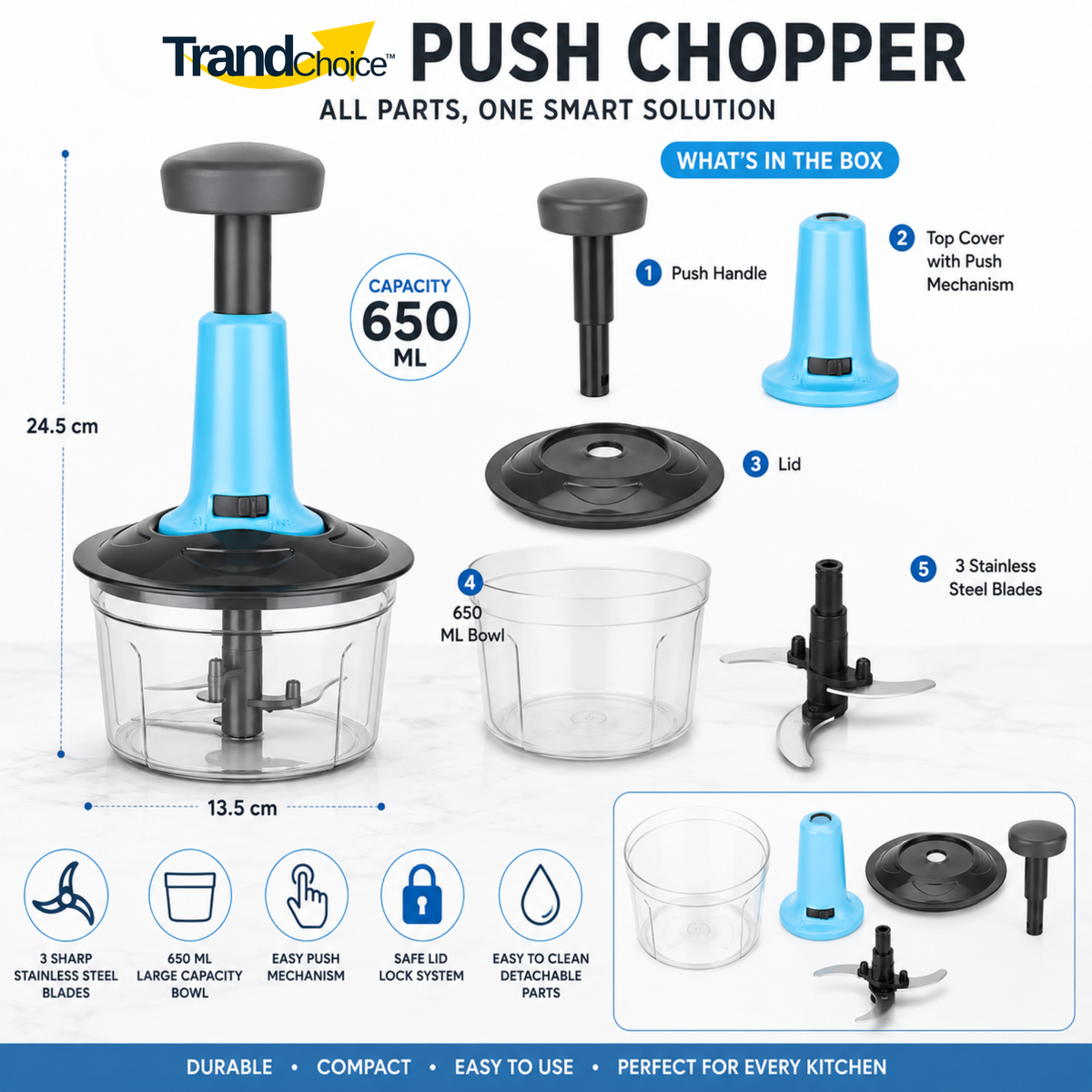 TrandChoice 650 ML Quick Push Vegetable Chopper (BLUE)