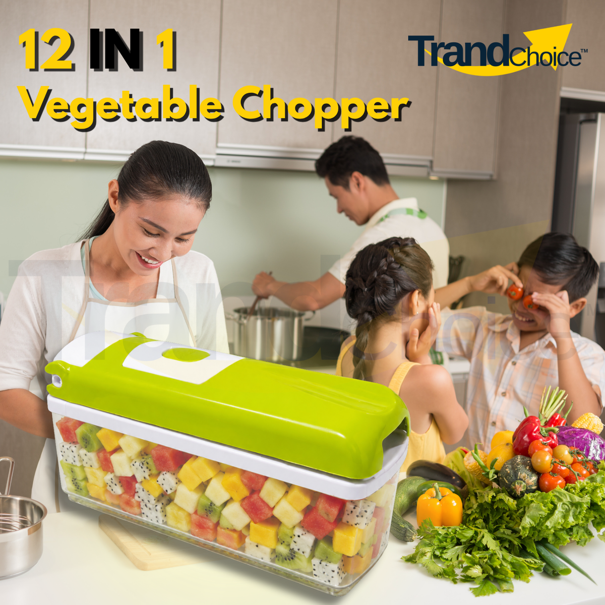 Trendchoice 2000ml 12-in-1 Multi-Functional Vegetable Chopper, Fruit Cutter, Slicer, Dicer & Grater with Storage Container