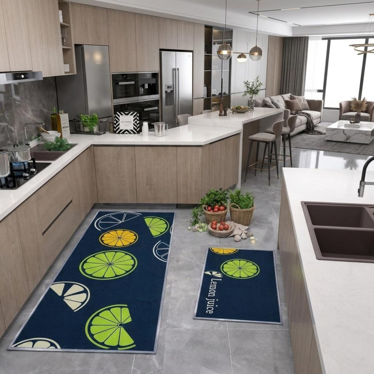 Zesty Lemon Fresh Kitchen Mat Set, Anti-Slip Cotton Floor Mats for Kitchen, Sink, Laundry & Home, 2-Piece Decorative Lemon Print Mat Set