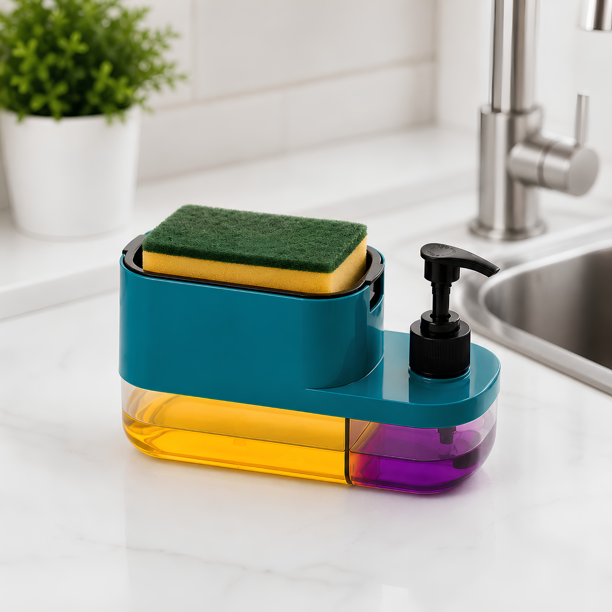 3-in-1 Kitchen Sink Soap Dispenser with Sponge Holder. Easy press pump, compact countertop design and convenient soap storage for your kitchen