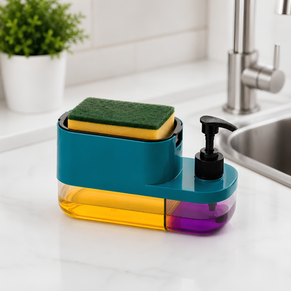 3-in-1 Kitchen Sink Soap Dispenser with Sponge Holder. Easy press pump, compact countertop design and convenient soap storage for your kitchen