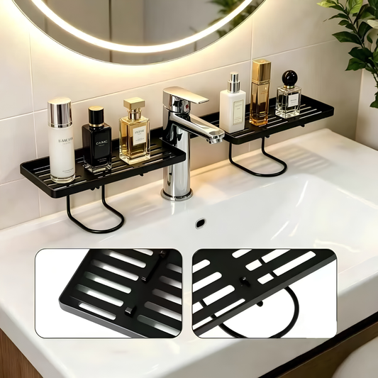Metal Sink Storage Rack for Bathroom & Kitchen | Faucet Side Organizer with Drainage Slots | Countertop Storage Shelf for Soap, Cosmetics, Toothbrush & Accessories | Black color