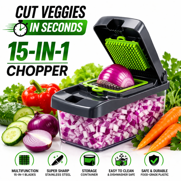 Cut Veggies in Seconds – 15-in-1 Vegetable Chopper with Storage Container
