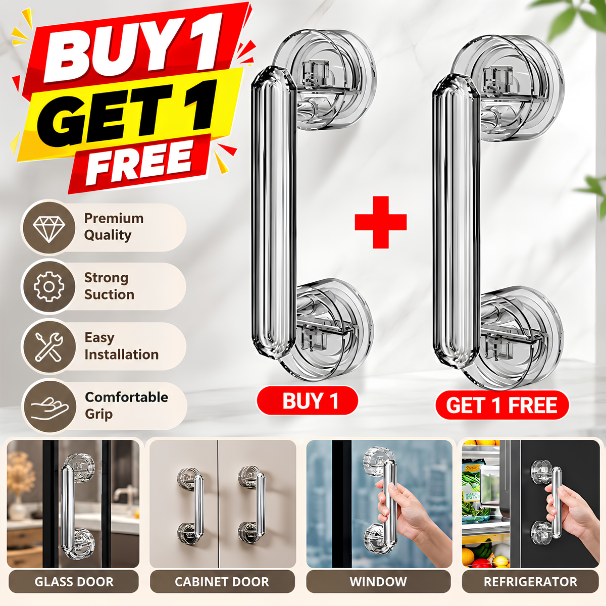 Vacuum Suction Door Handle – No Drill Multipurpose Handle for Glass, Cabinet, Window & Refrigerator | Buy 1 Get 1 Free