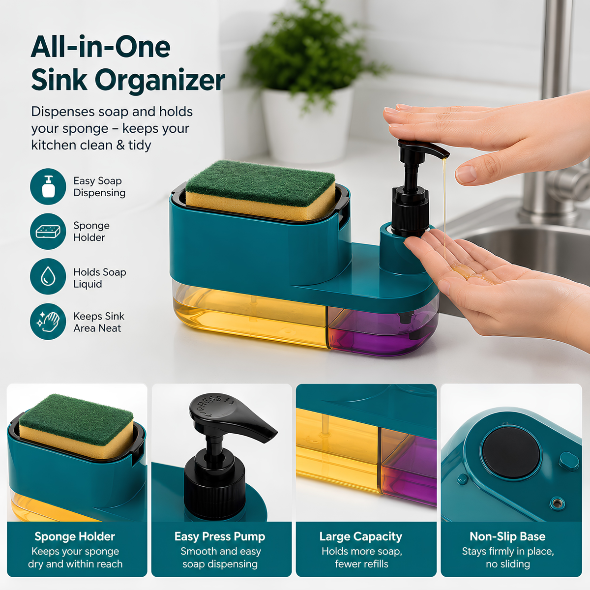 3-in-1 Kitchen Sink Soap Dispenser with Sponge Holder. Easy press pump, compact countertop design and convenient soap storage for your kitchen