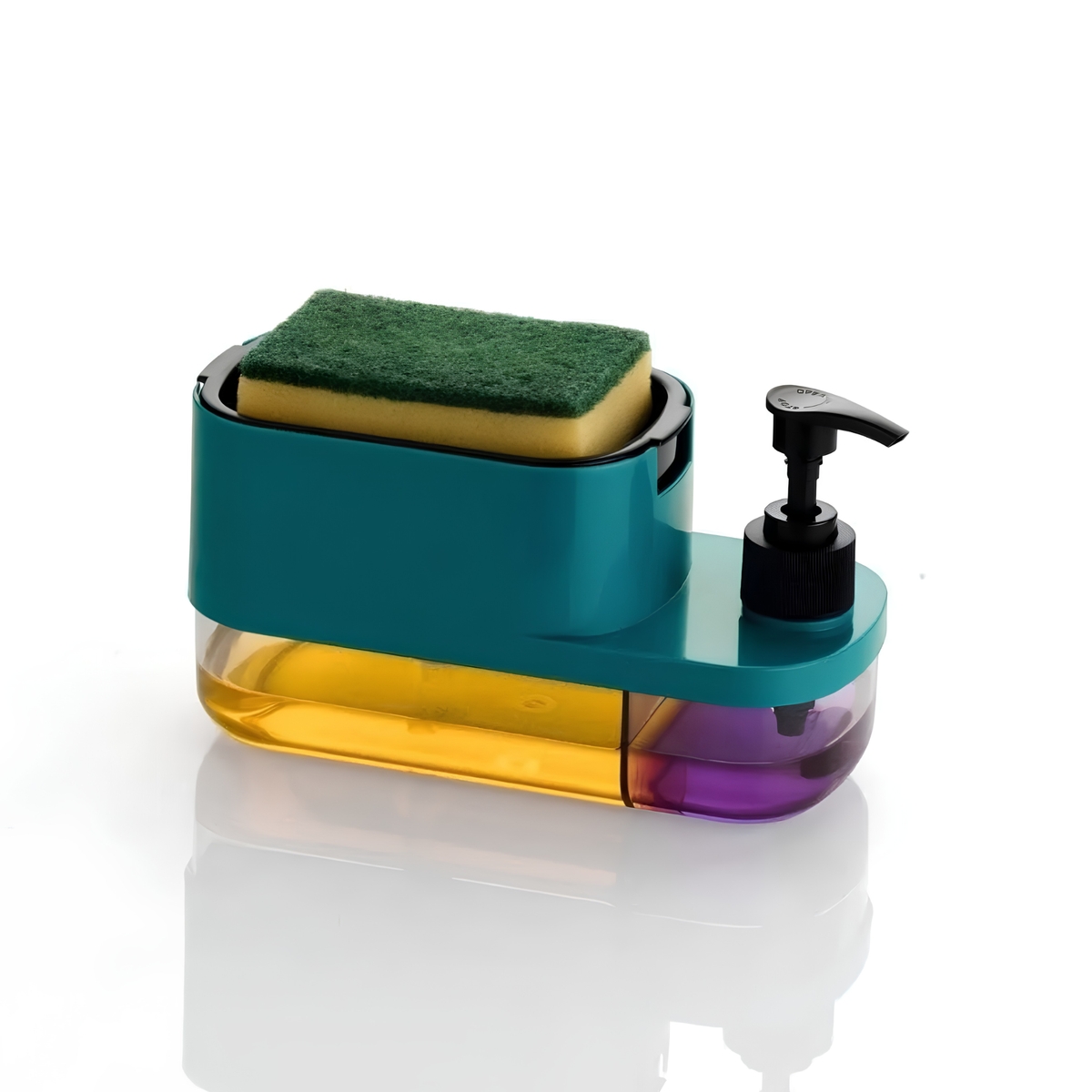 3-in-1 Kitchen Sink Soap Dispenser with Sponge Holder. Easy press pump, compact countertop design and convenient soap storage for your kitchen