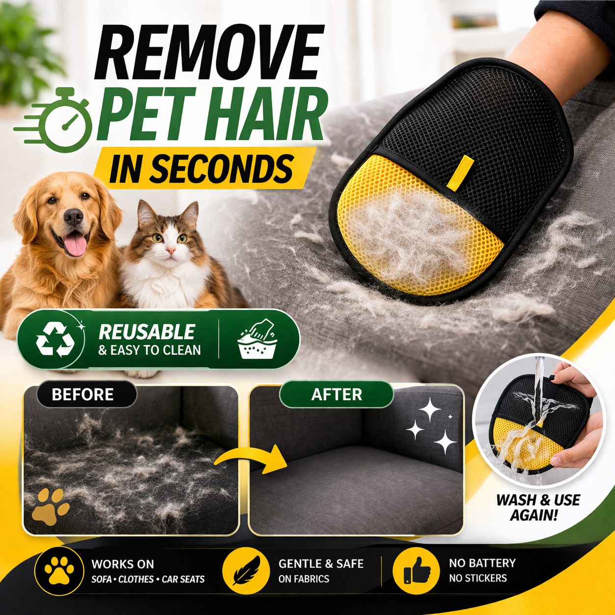2PCS Pet Hair Removal Glove for Cats & Dogs – Upgraded Reusable Electrostatic Pet Hair Remover Tool for Couch, Clothing, Carpets & Car Seats
