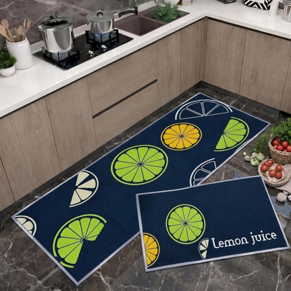 Zesty Lemon Fresh Kitchen Mat Set, Anti-Slip Cotton Floor Mats for Kitchen, Sink, Laundry & Home, 2-Piece Decorative Lemon Print Mat Set