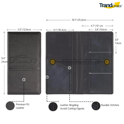 Premium PU Leather Car Document Holder | Vehicle RC, Insurance & Driving License Organizer | 3 Document Pockets & 3 Card Slots | Magnetic Closure | Glove Box & Car Use