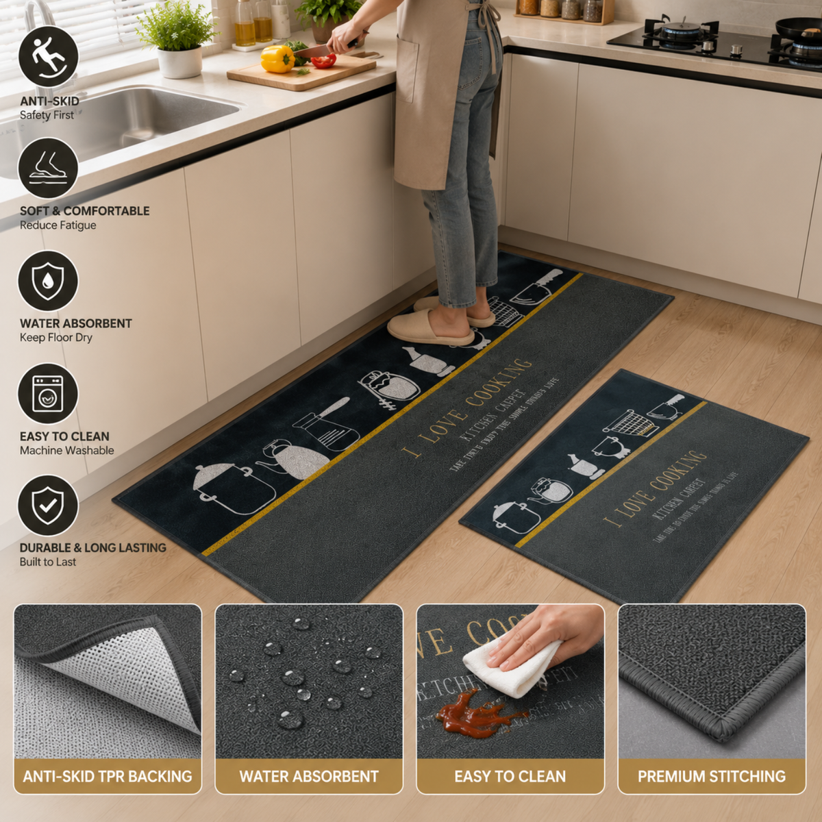 Cotton Anti-Slip Kitchen Mat Set with cushioned comfort, water-absorbent surface and anti-skid TPR backing. Ideal for kitchen, sink, laundry and home use
