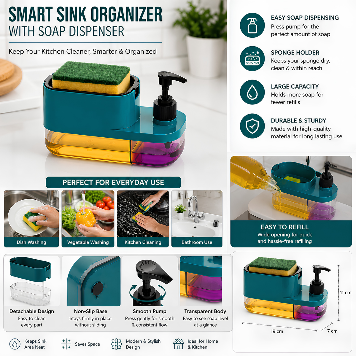 3-in-1 Kitchen Sink Soap Dispenser with Sponge Holder. Easy press pump, compact countertop design and convenient soap storage for your kitchen