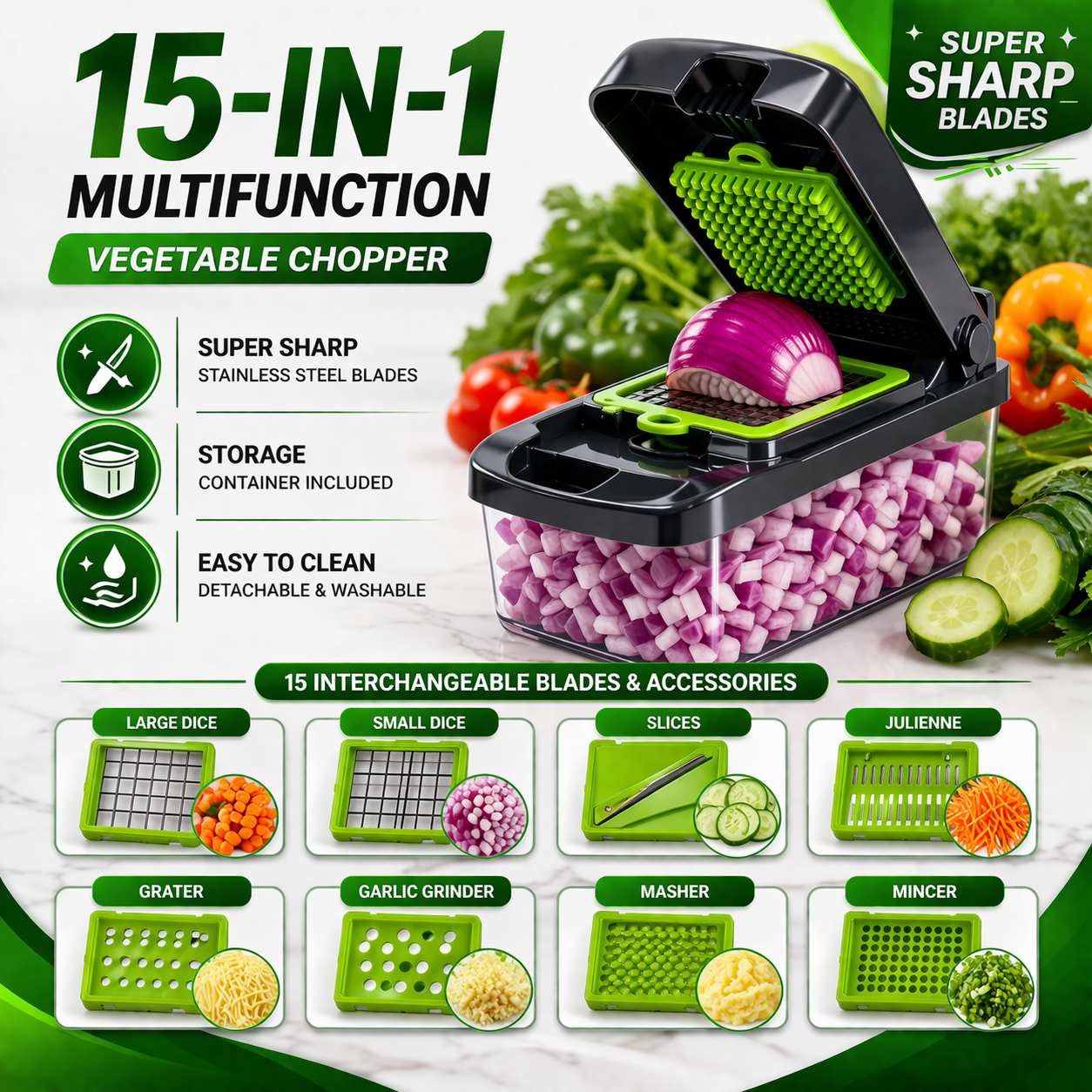 Cut Veggies in Seconds – 15-in-1 Vegetable Chopper with Storage Container