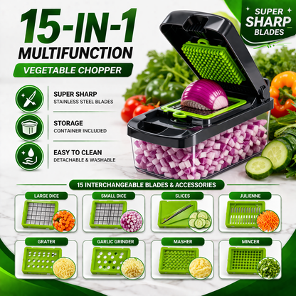 Cut Veggies in Seconds – 15-in-1 Vegetable Chopper with Storage Container