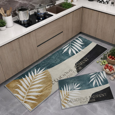 Cotton Anti-Slip Kitchen Mat Set | Botanical Leaf Design Kitchen Floor Mats | Soft Comfortable Non-Slip Mats for Sink, Cooking Area & Home