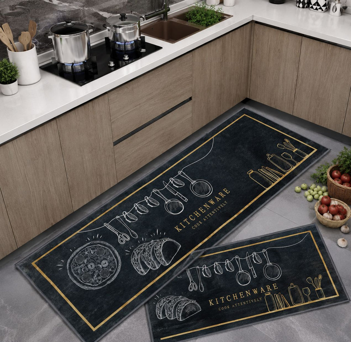 Cotton Anti-Slip Kitchen Mat Set with Runner | Soft Absorbent Kitchen Floor Mats