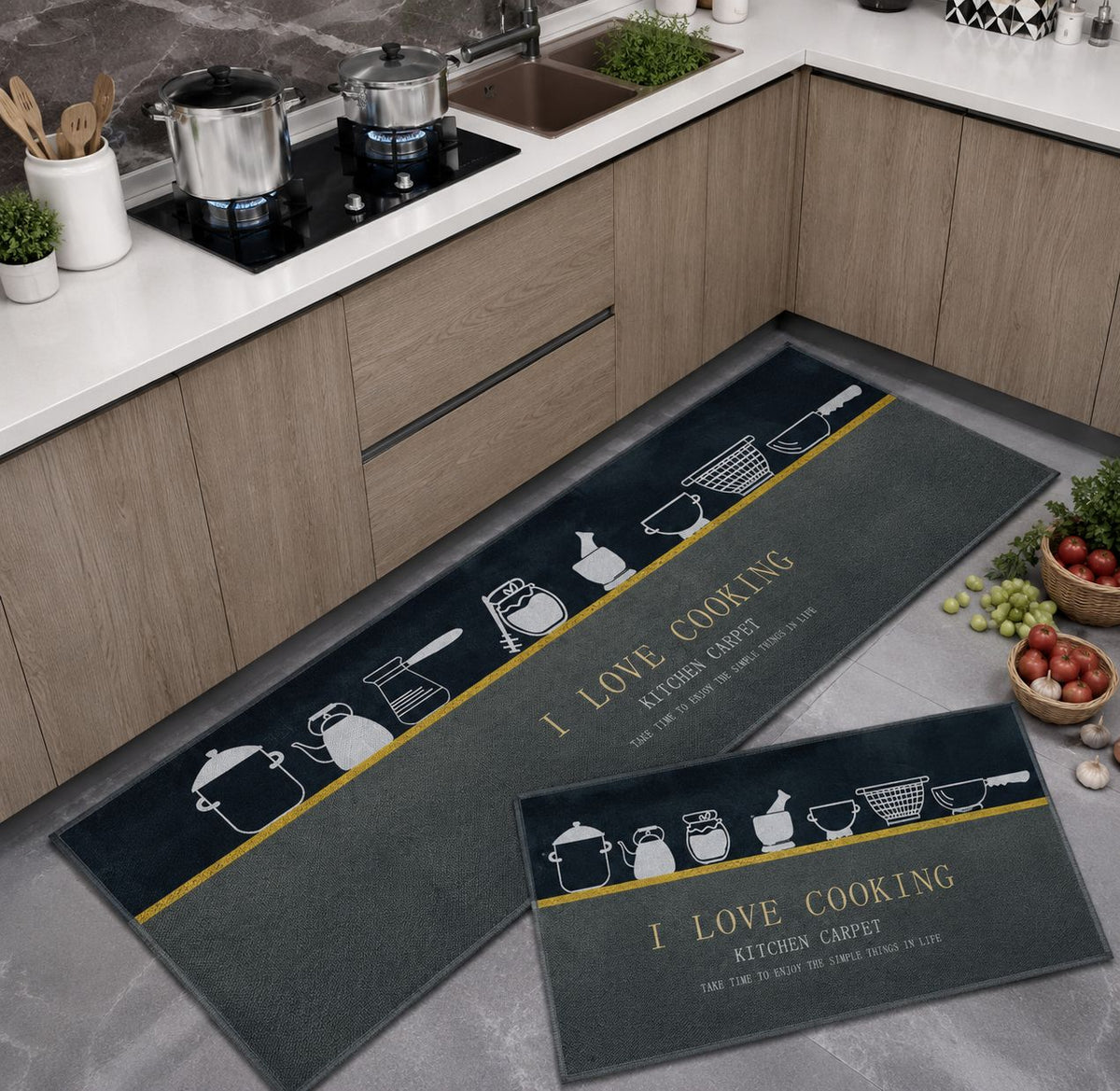 Cotton Anti-Slip Kitchen Mat Set with cushioned comfort, water-absorbent surface and anti-skid TPR backing. Ideal for kitchen, sink, laundry and home use